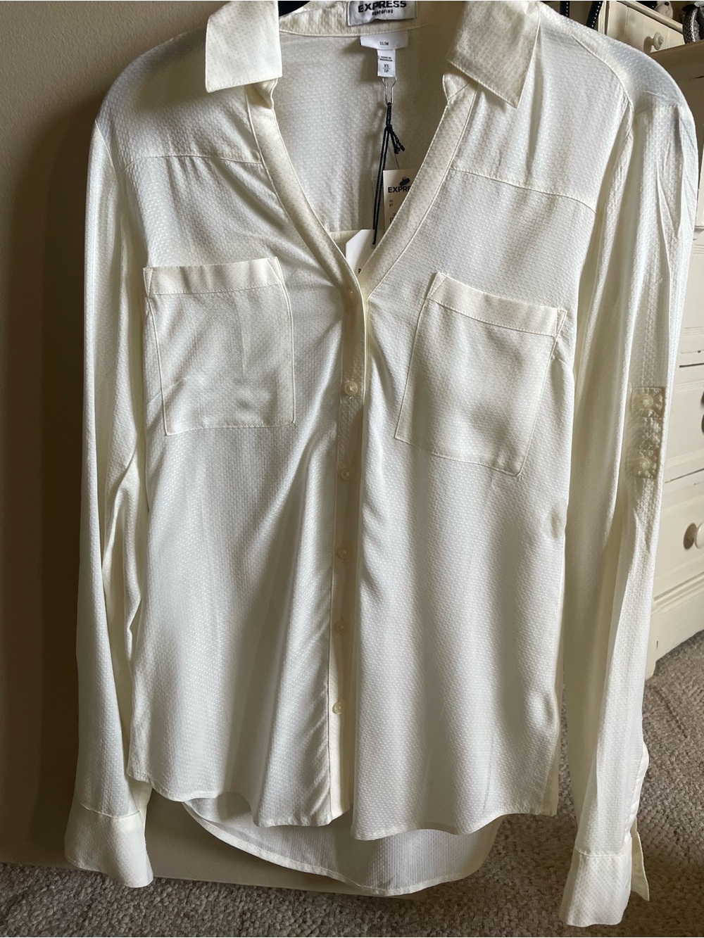 Express Cream Button-Down Long Sleeve Blouse